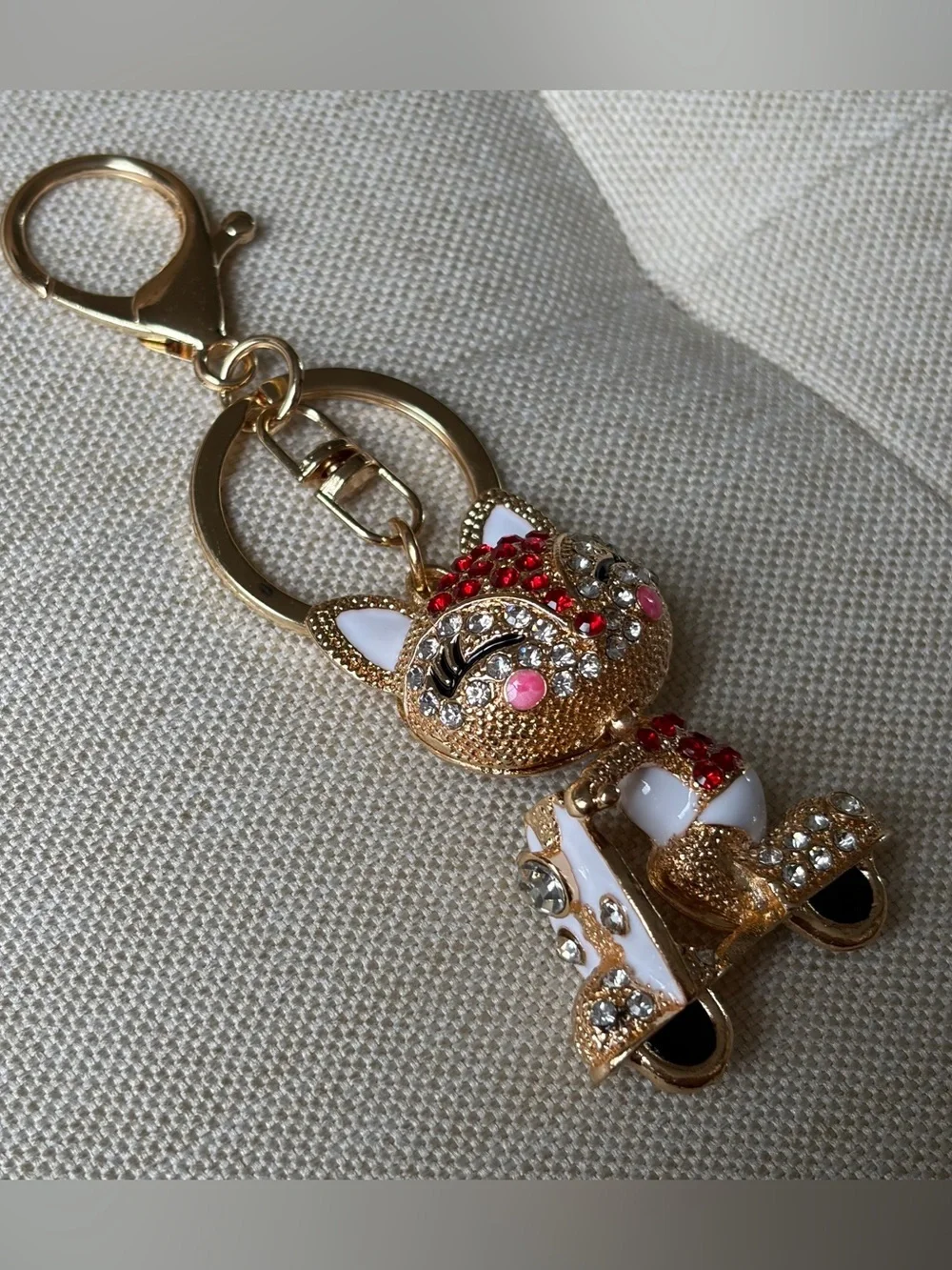 Gold-tone Crystal Cat Keychain Charm